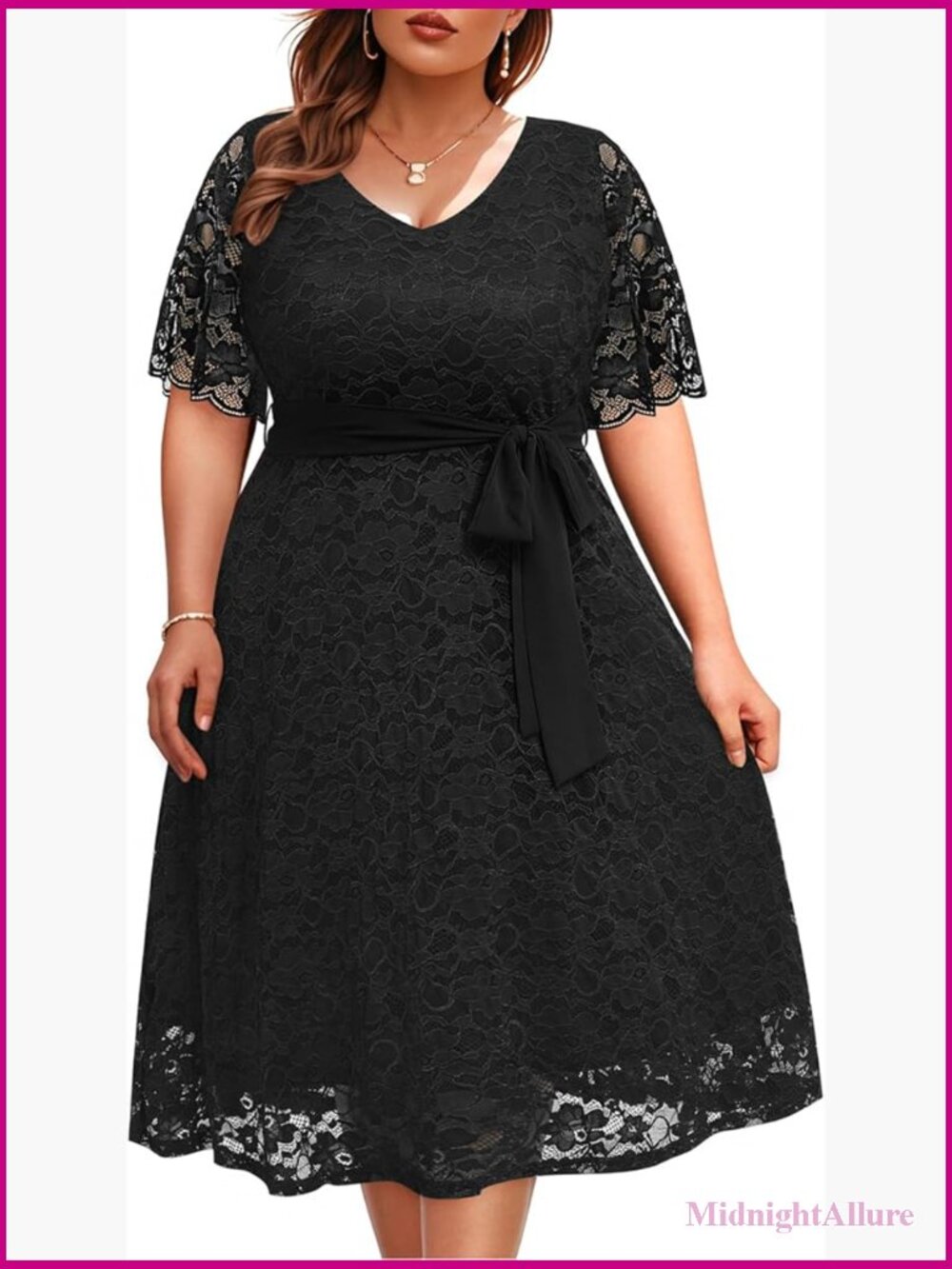 Plus Size Lace V-Neck Short Sleeve Midi Dress Cocktail Party